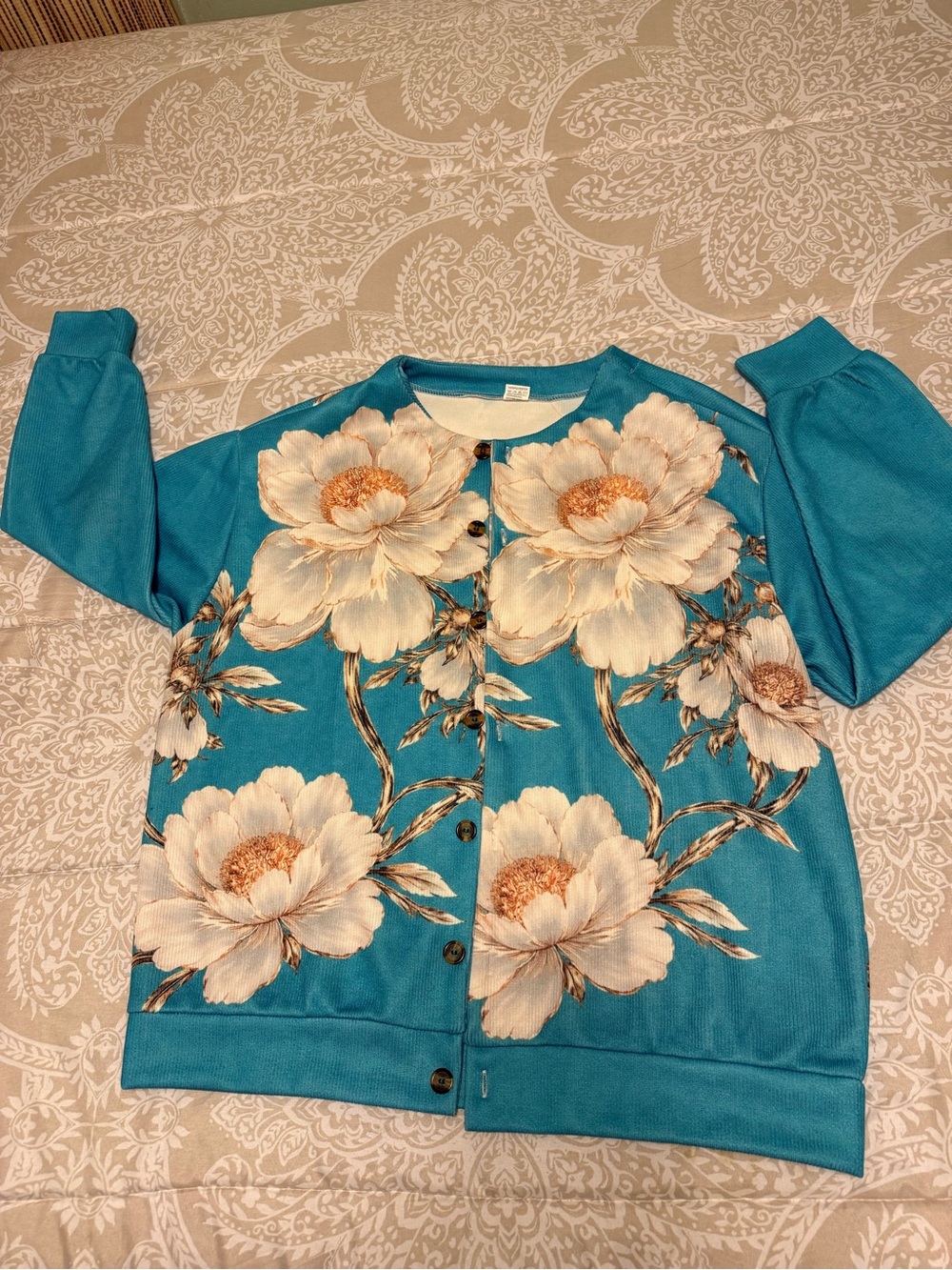 Teal Floral Embroidered Sweater with White & Gold Accents - Picture 4 of 6